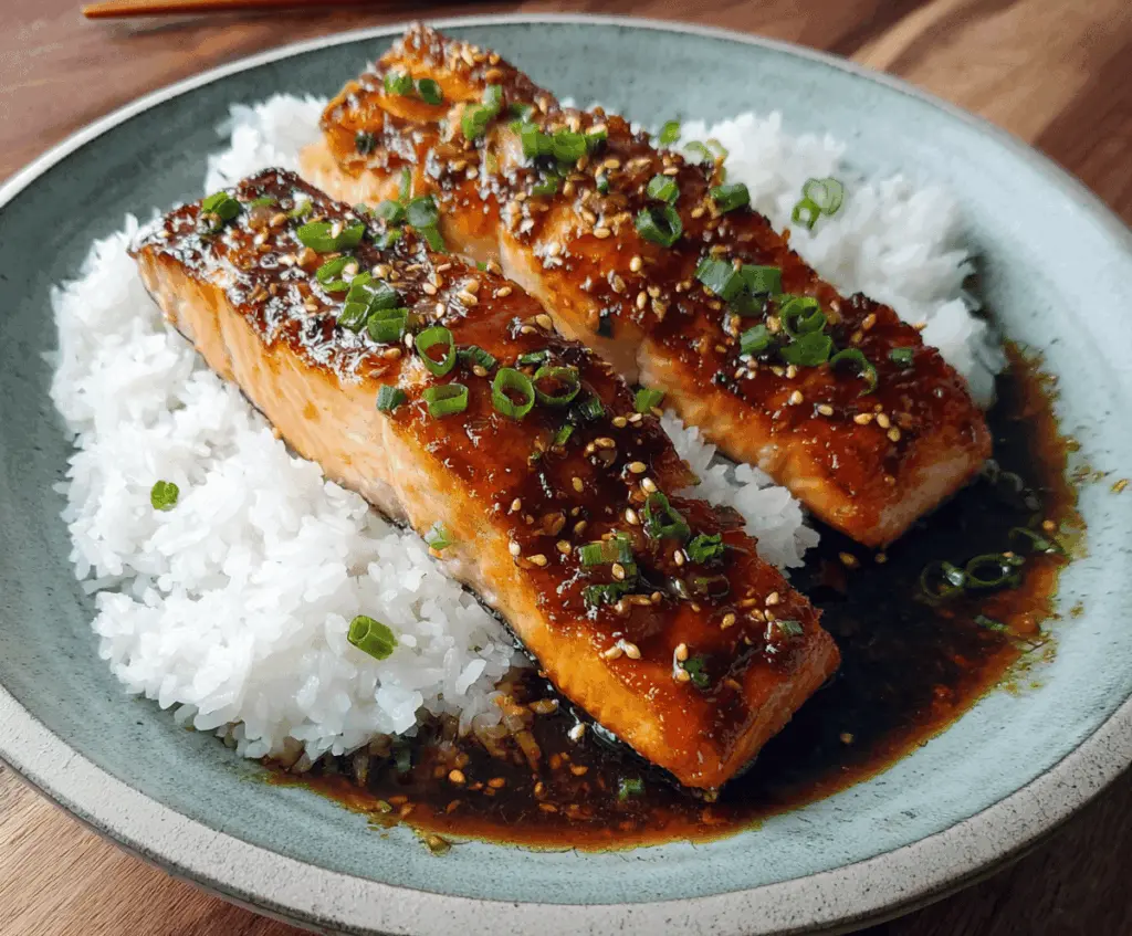Succulent orange teriyaki salmon fillet garnished with orange slices and fresh herbs, served on a white plate