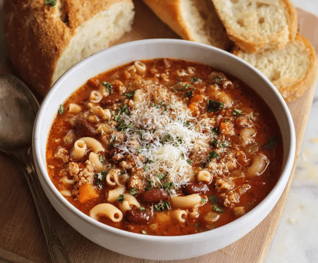 Hearty Pasta e Fagioli Soup in a bowl with fresh herbs, served with crusty bread, perfect for a comforting Italian meal.