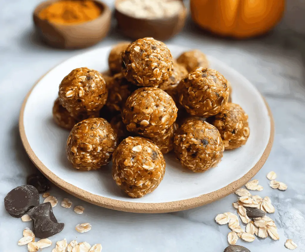 Healthy Peanut Butter Pumpkin Protein Balls on a white plate, featuring a blend of peanut butter, pumpkin, and protein ingredients, perfect for a nutritious snack.
