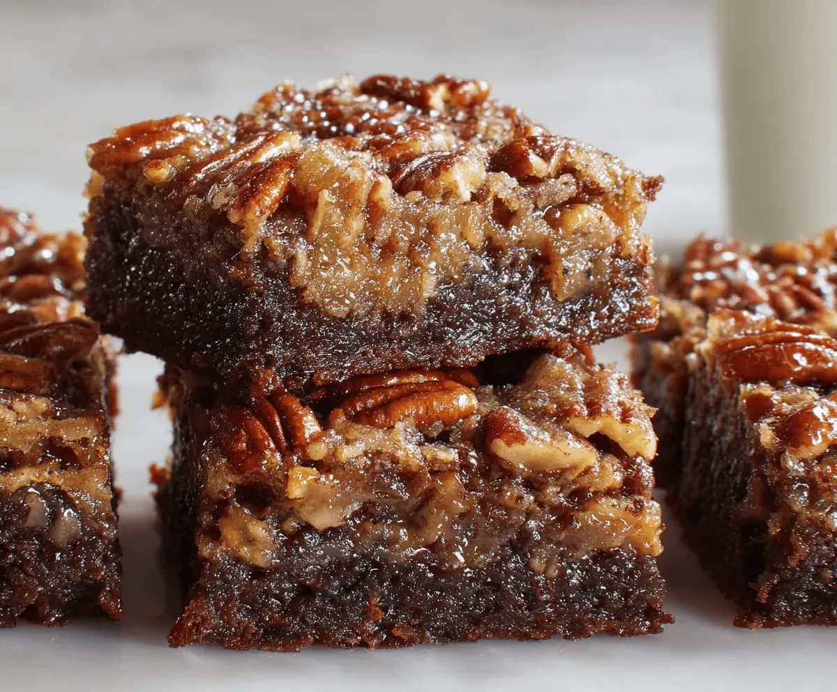 Delicious Pecan Pie Brownies with a glossy chocolate topping and crunchy pecans.