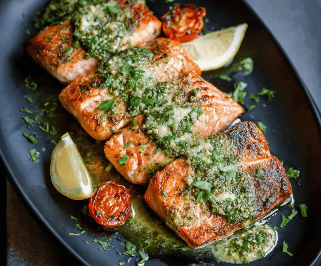 Delicious pesto butter salmon fillet topped with fresh basil and lemon slices, served on a white plate