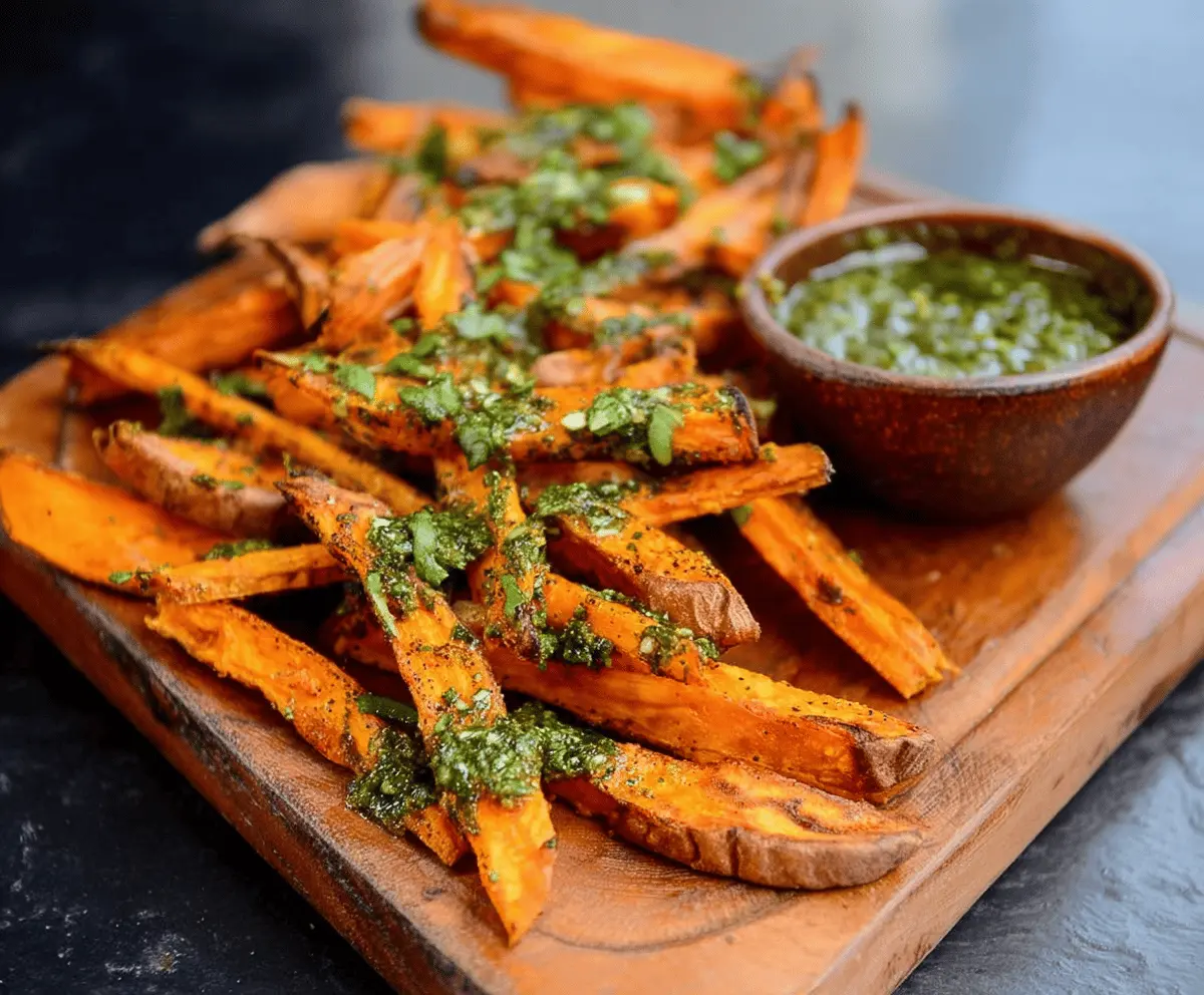 Crispy pesto-seasoned sweet potato fries served on a white plate with fresh herbs, perfect for a healthy snack or appetizer
