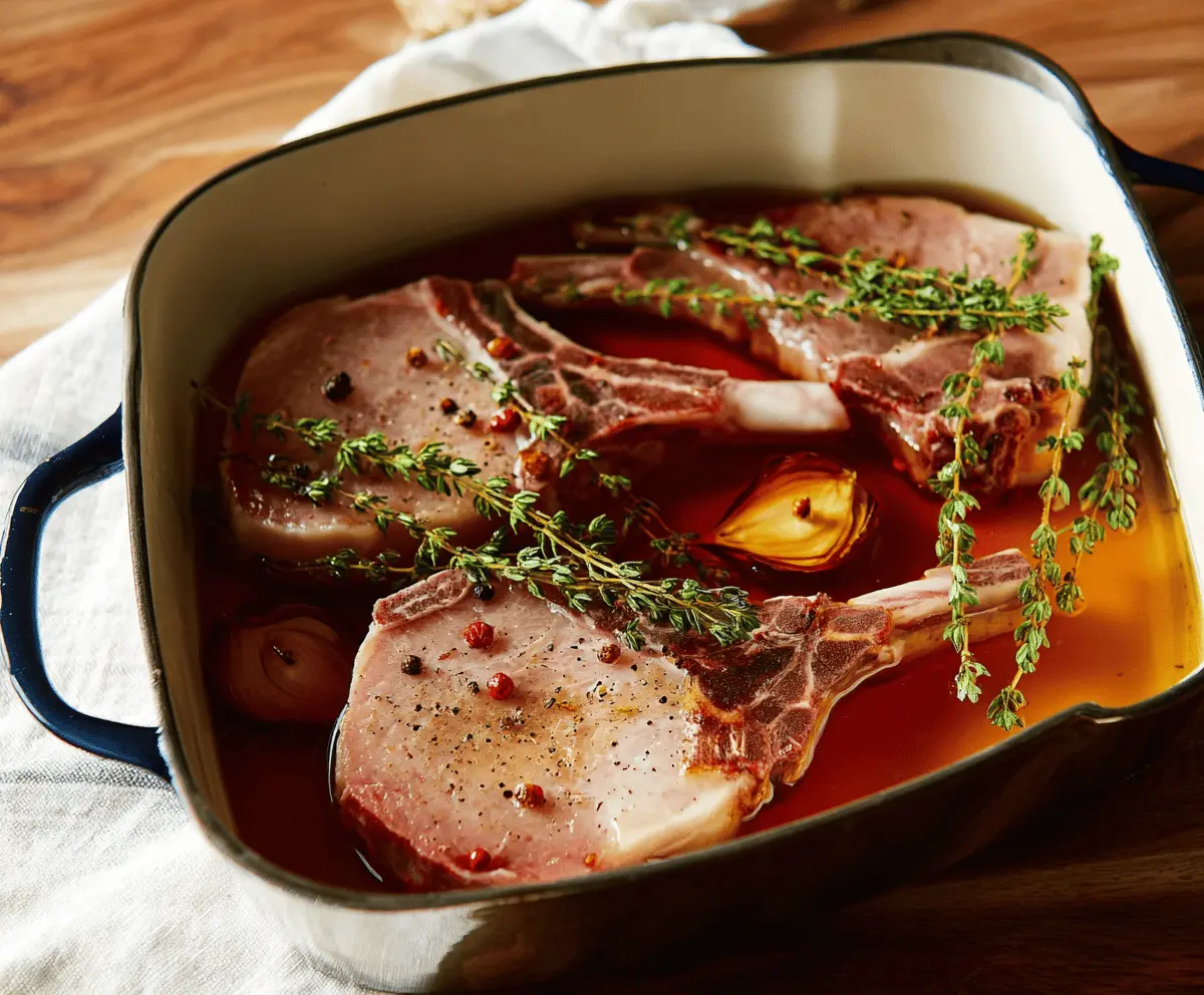 Juicy pork chop soaking in flavorful brine for perfect tenderness and taste