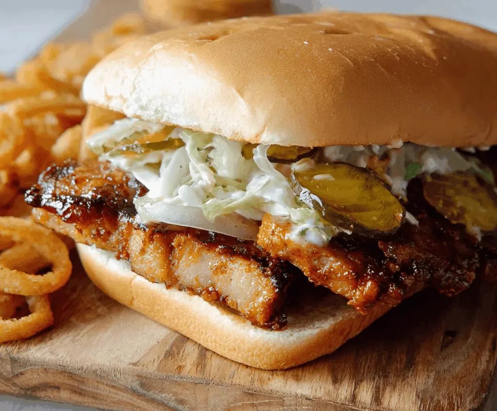 Delicious pork chop sandwiches with crispy breading, fresh lettuce, tomato slices, and melted cheese on toasted buns ready to enjoy.