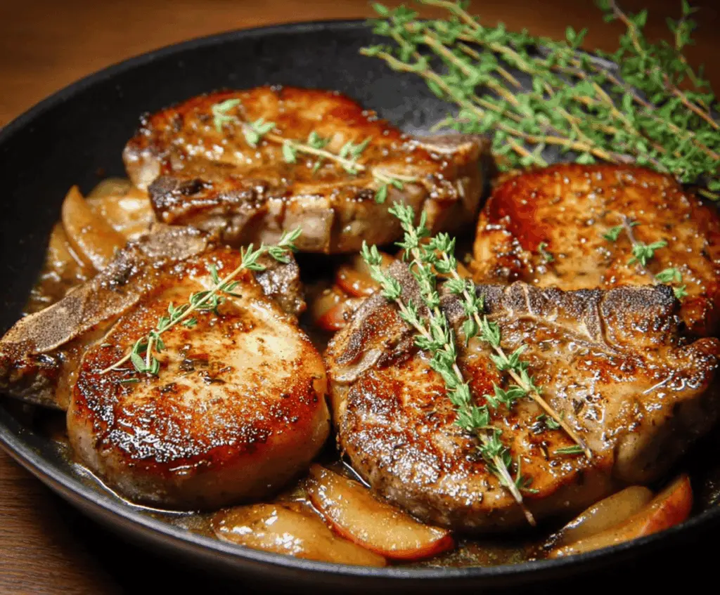 Juicy pork chops cooked with apple cider sauce garnished with fresh herbs on a rustic plate