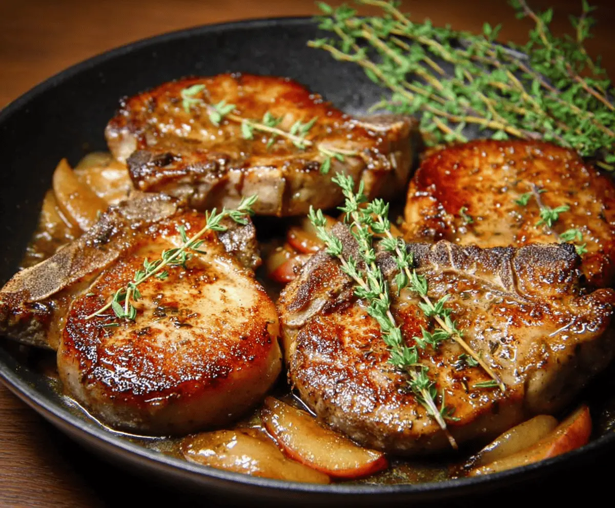 Juicy pork chops cooked with apple cider sauce garnished with fresh herbs on a rustic plate