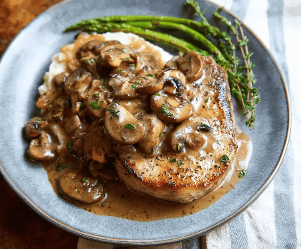 Delicious pork chops topped with rich mushroom gravy served on a plate.