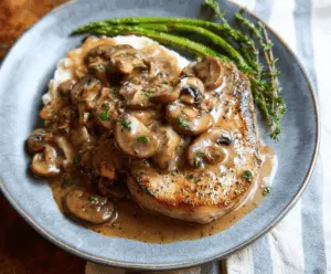Delicious pork chops topped with rich mushroom gravy served on a plate.