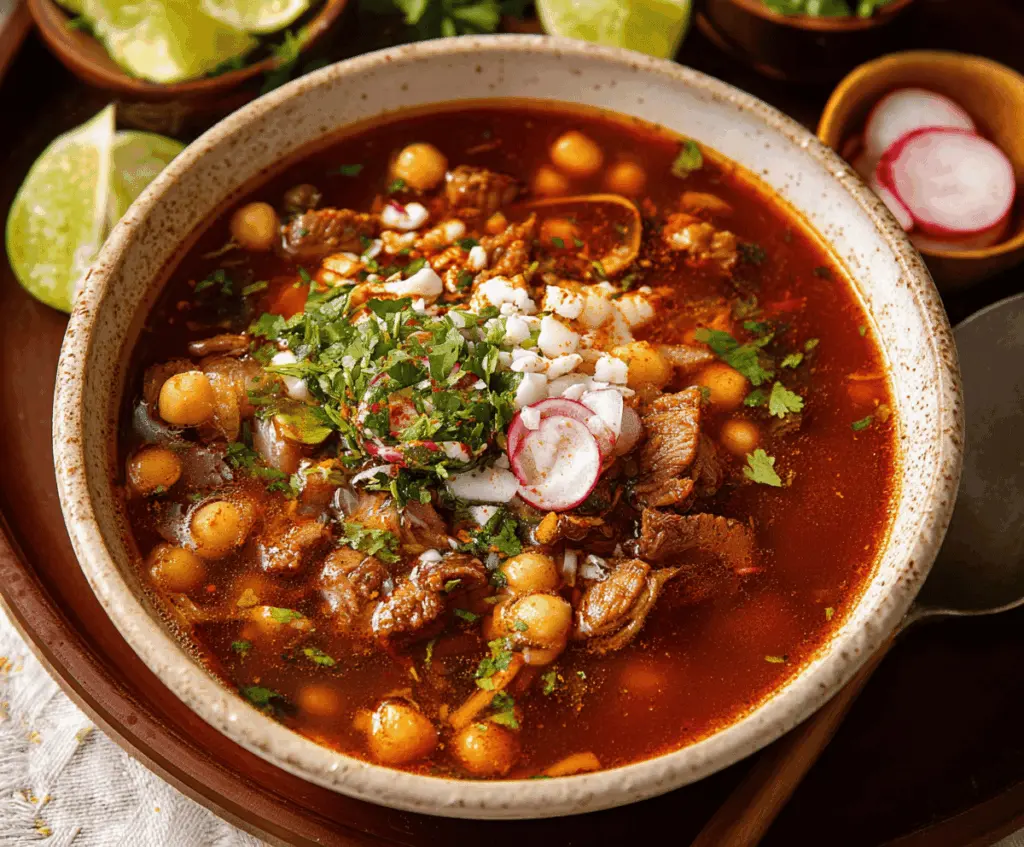 Hearty bowl of homemade pozole soup topped with shredded lettuce, radishes, lime, and chili flakes, served in a rustic bowl with corn tortillas on the side.