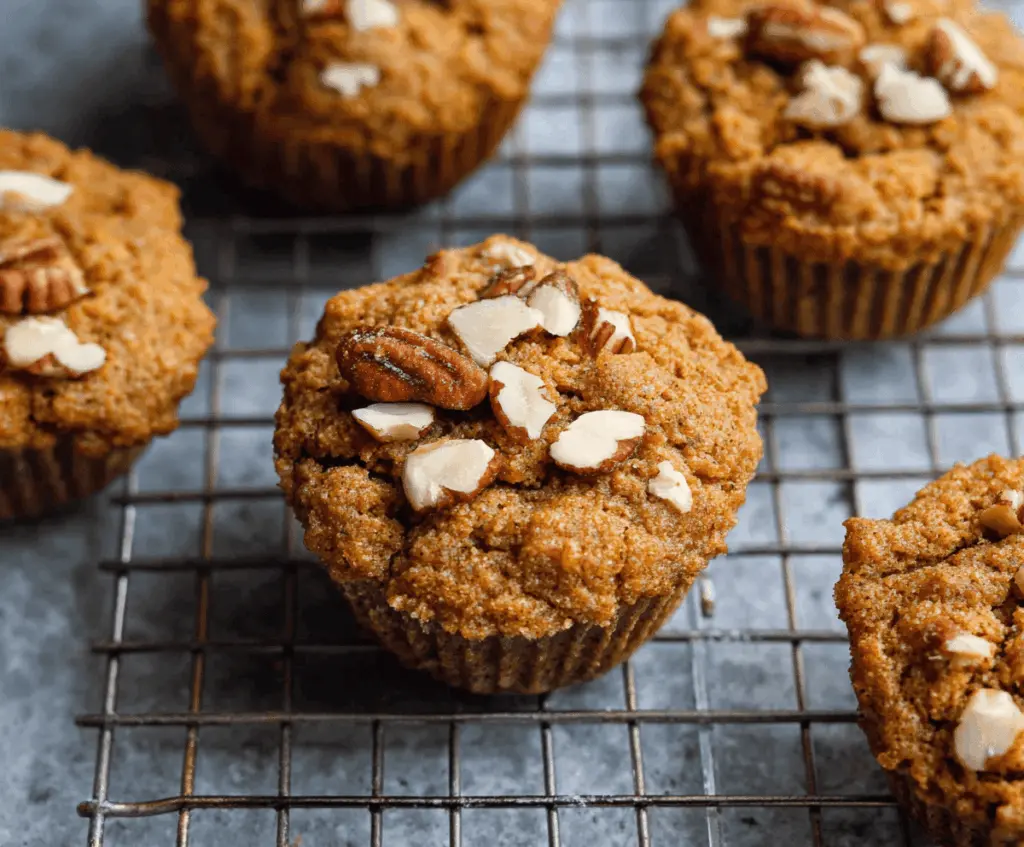 Delicious homemade pumpkin almond flour muffins topped with cinnamon and nuts, perfect for fall breakfasts and snacks.