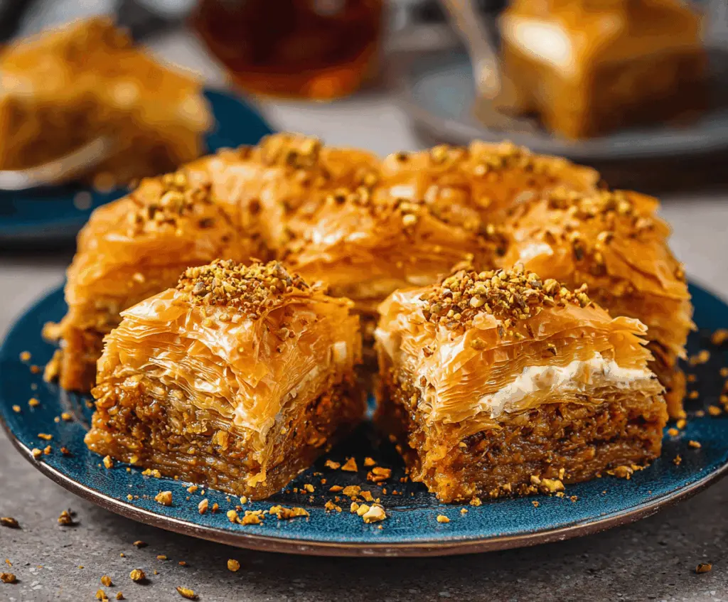 Delicious homemade pumpkin baklava with flaky phyllo layers, chopped nuts, and a sweet honey glaze, perfect for fall desserts.