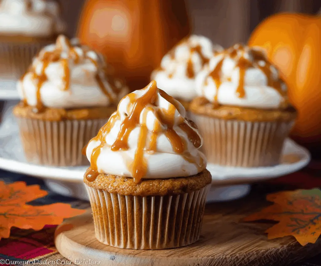 Delicious Pumpkin Caramel Cupcakes topped with whipped cream and caramel drizzle, perfect for fall desserts.