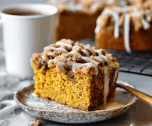 Delicious pumpkin cinnamon coffee cake topped with crumbly streusel, perfect for fall mornings