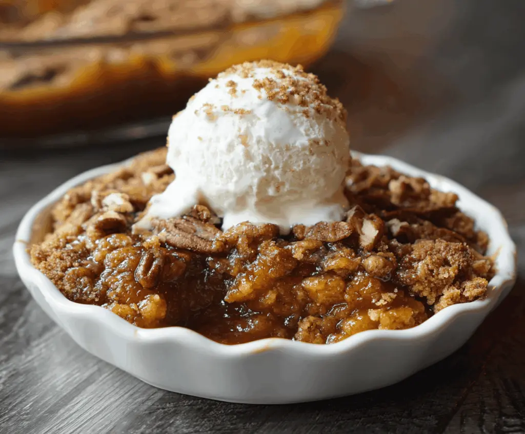 Delicious homemade pumpkin cobbler topped with golden crust and cinnamon, served in a rustic baking dish, perfect for fall desserts.