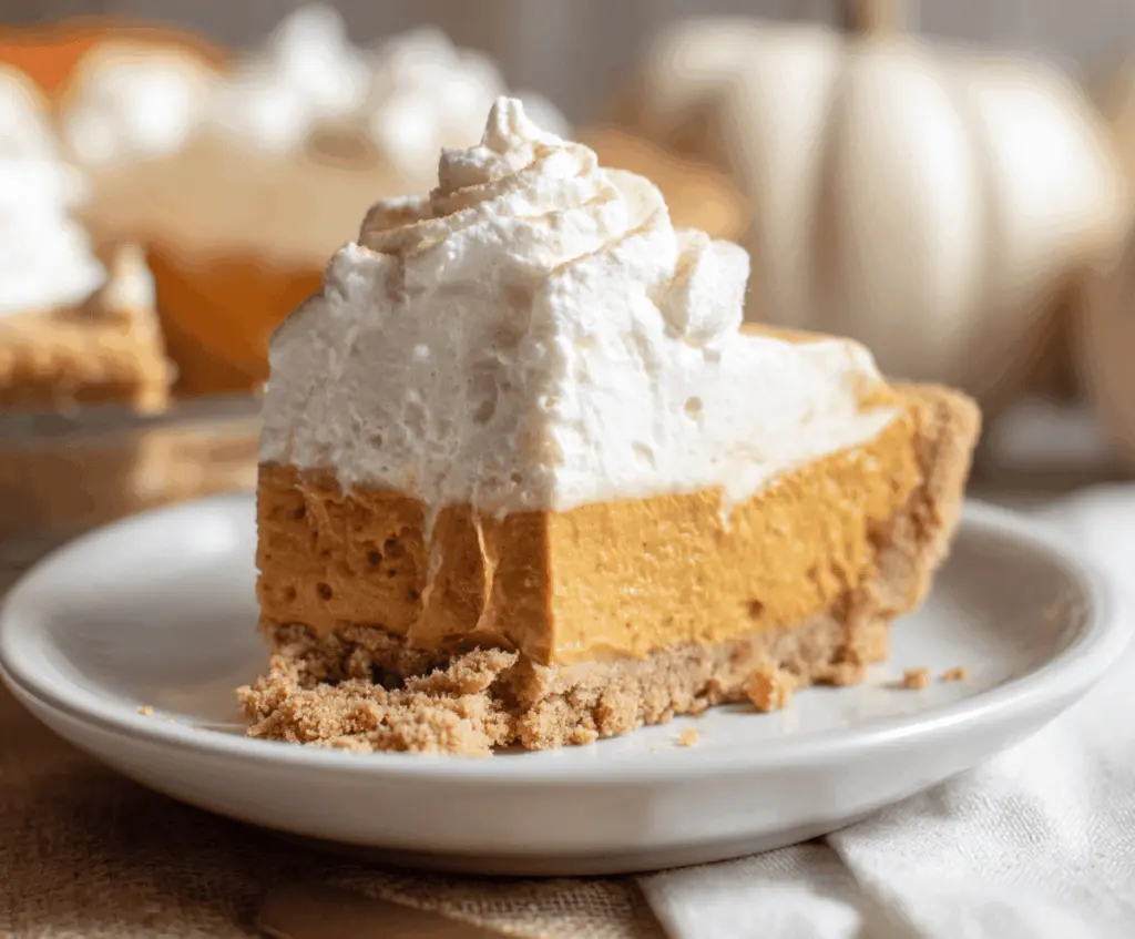 Creamy Pumpkin Cool Whip Pie topped with whipped cream and a sprinkle of cinnamon, perfect for fall desserts.