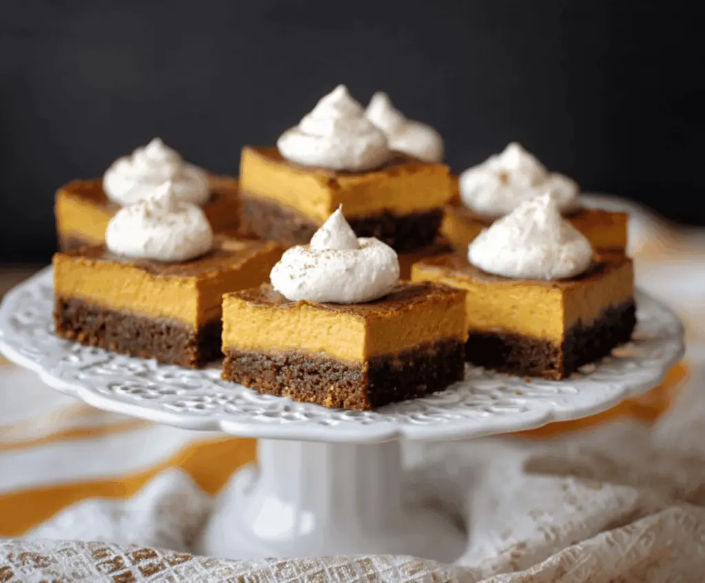Delicious Pumpkin Gingersnap Cheesecake Bars topped with whipped cream and gingersnap crumbs, perfect for fall dessert