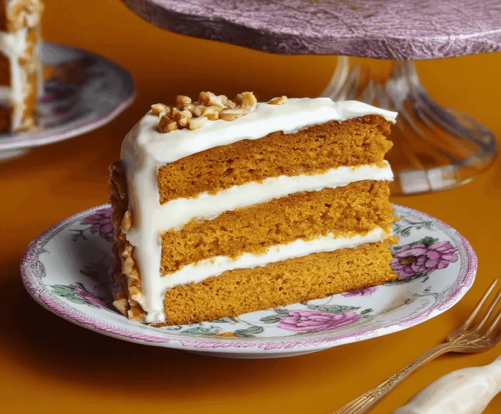 Delicious pumpkin layer cake with creamy frosting and cinnamon garnish, perfect for fall celebrations and holiday desserts.