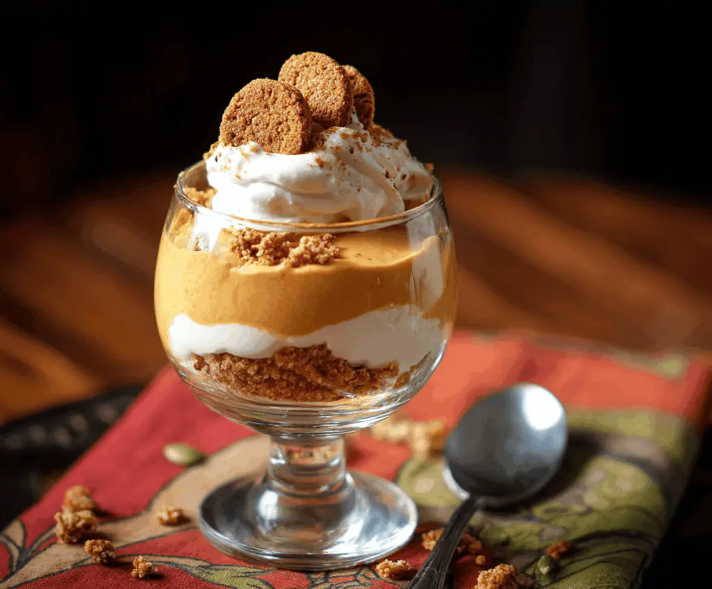 Creamy pumpkin mousse layered with whipped cream and garnished with cinnamon and a sprig of mint in a glass parfait cup, perfect for fall desserts.