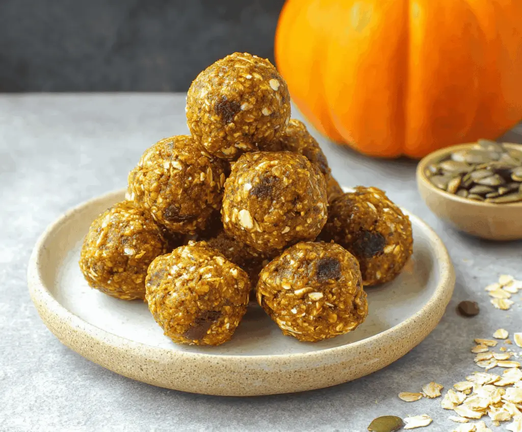 Delicious homemade Pumpkin Oat Protein Balls with pumpkin seeds and cinnamon on a white plate, healthy snack option