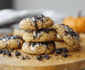 Delicious Pumpkin Oreo White Chocolate Cookies on a plate, featuring a festive fall treat with pumpkin, crushed Oreos, and melted white chocolate