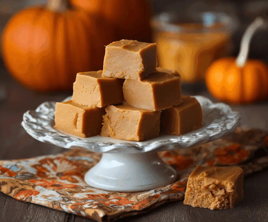 Creamy pumpkin peanut butter fudge topped with chopped nuts and festive fall spices, perfect for holiday treats.