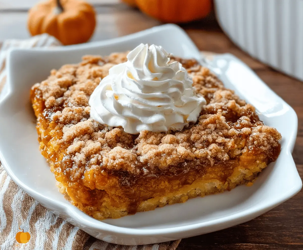 Delicious Pumpkin Pie Dump Cake topped with whipped cream and cinnamon, perfect for fall desserts