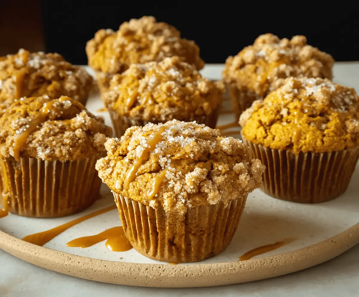 Delicious Pumpkin Salted Caramel Muffins topped with caramel drizzle and a sprinkle of sea salt on a rustic plate