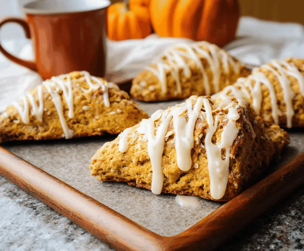 Delicious homemade pumpkin scones topped with creamy maple icing, perfect for fall breakfast or snack.