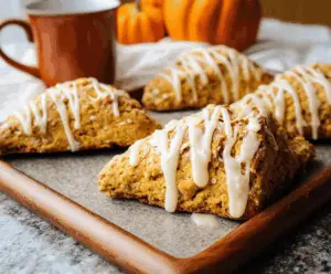 Delicious homemade pumpkin scones topped with creamy maple icing, perfect for fall breakfast or snack.