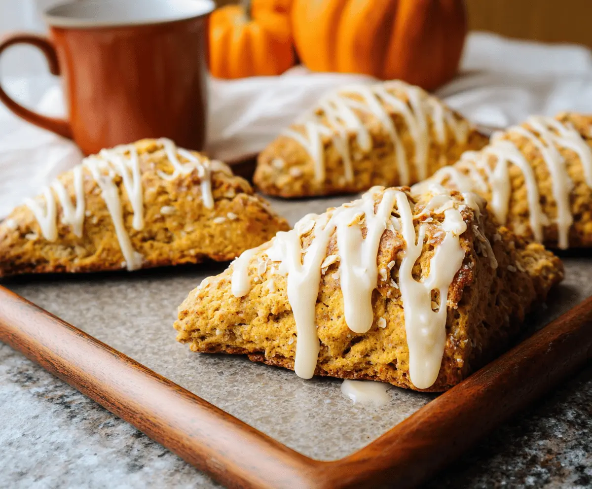 Delicious homemade pumpkin scones topped with creamy maple icing, perfect for fall breakfast or snack.