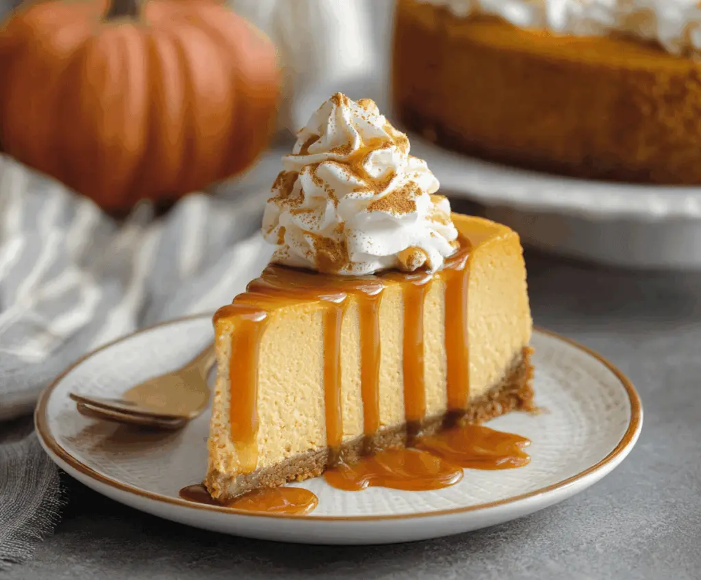 Creamy pumpkin spice cheesecake topped with whipped cream and cinnamon, perfect for fall dessert cravings.