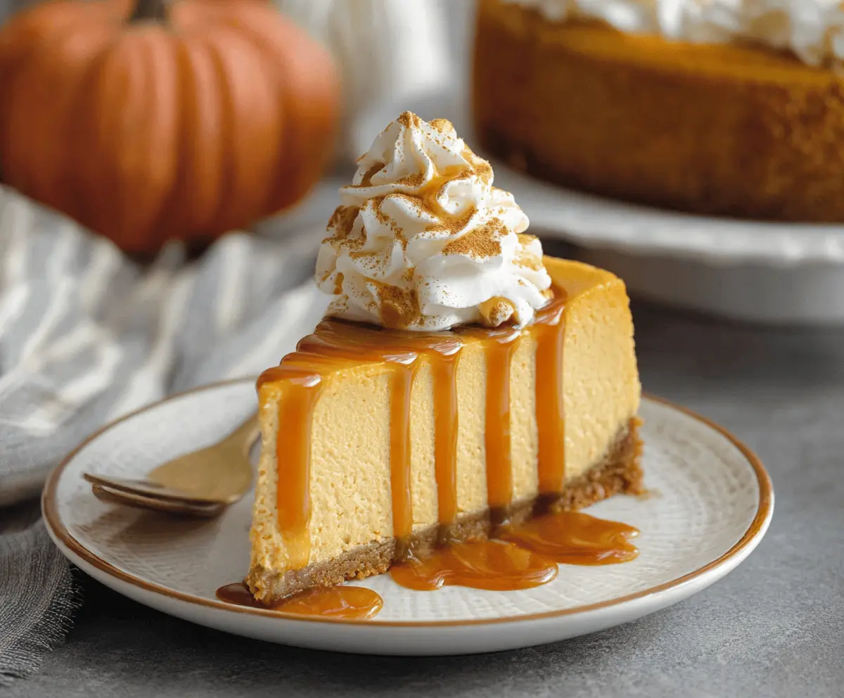 Creamy pumpkin spice cheesecake topped with whipped cream and cinnamon, perfect for fall dessert cravings.