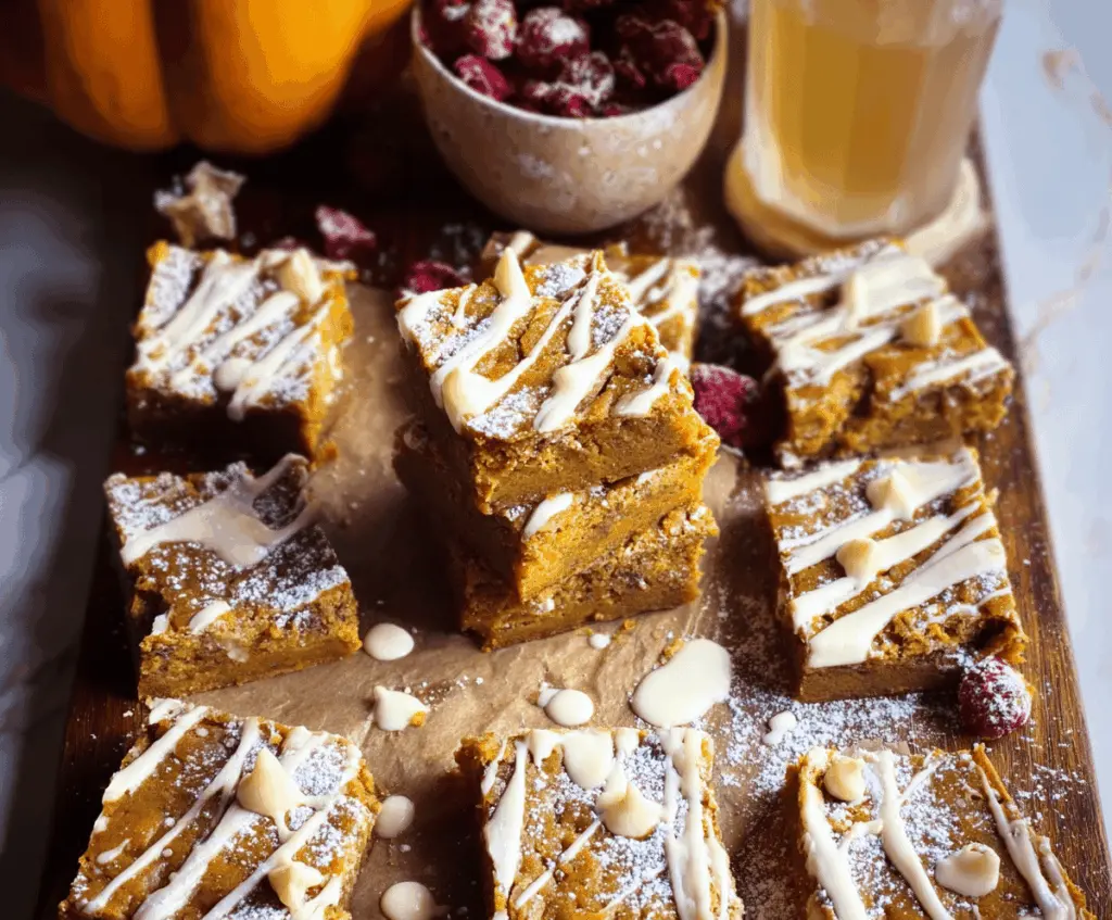 Delicious homemade Pumpkin Spiced Bars topped with white chocolate, perfect for fall desserts and holiday gatherings.