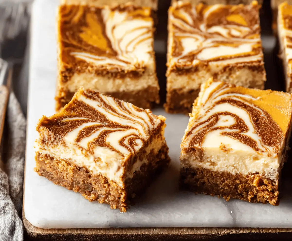 Delicious Pumpkin Swirl Cheesecake Bars with creamy filling and festive autumn decoration on top