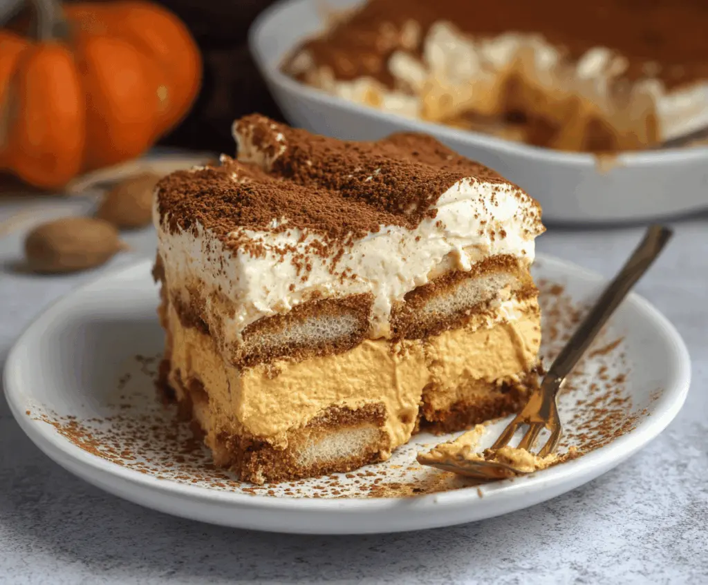 Delicious Pumpkin Tiramisu dessert topped with whipped cream and cocoa powder, perfect for fall celebrations.