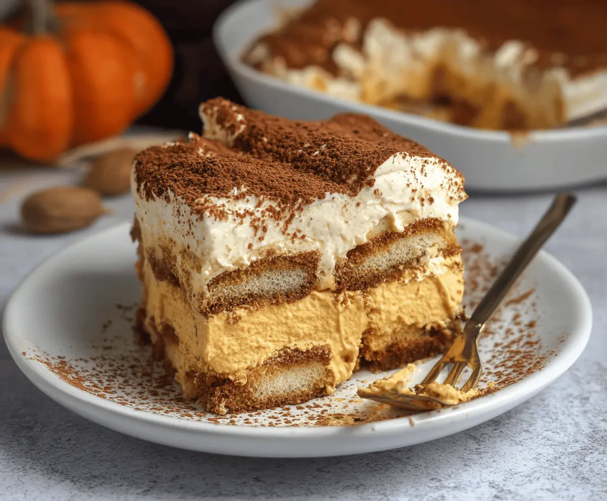 Delicious Pumpkin Tiramisu dessert topped with whipped cream and cocoa powder, perfect for fall celebrations.