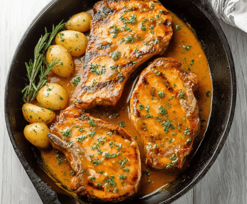 Juicy ranch-seasoned pork chops served with fresh herbs on a rustic wooden plate, perfect for a flavorful dinner meal.