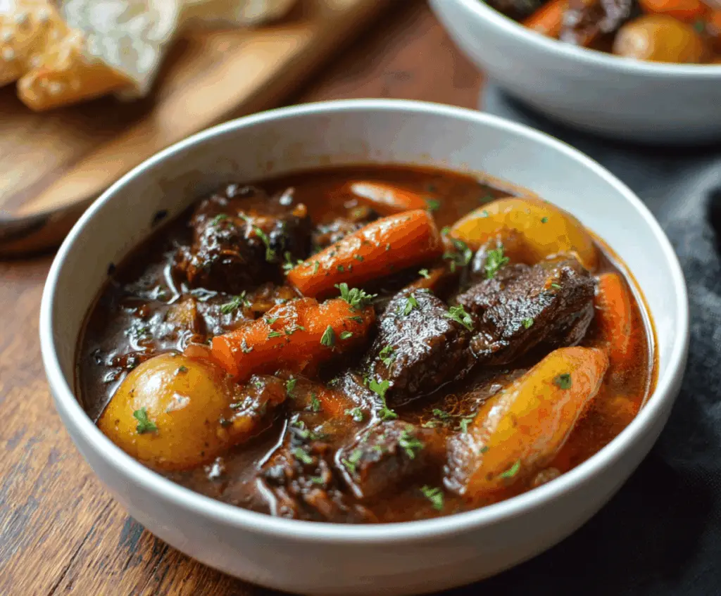 Hearty red wine beef stew with tender beef chunks, fresh carrots, and potatoes in a savory broth
