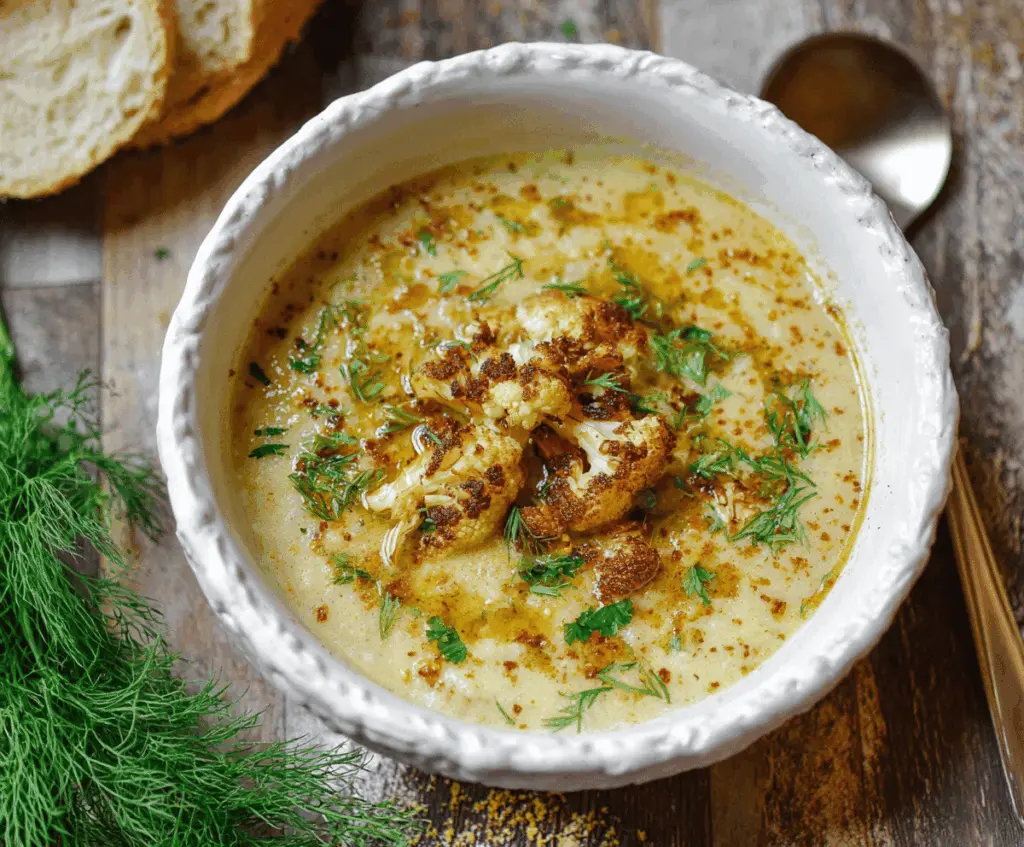 Creamy roasted cauliflower soup served in a bowl garnished with fresh herbs and a drizzle of olive oil, perfect for a comforting and healthy meal.