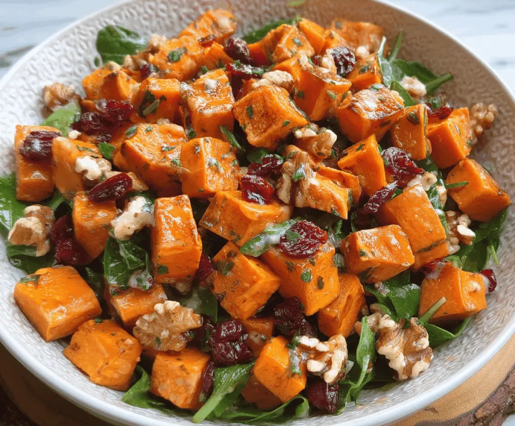 Colorful roasted sweet potato salad with fresh greens, herbs, and a tangy dressing, perfect for a healthy and delicious meal.