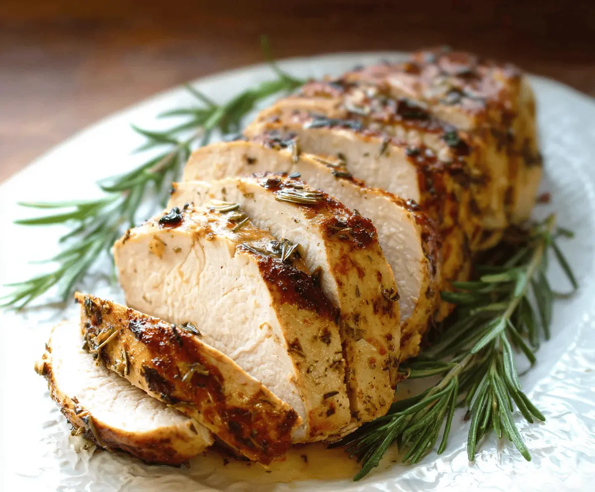 Juicy rosemary garlic turkey breast roasted to perfection, garnished with fresh rosemary sprigs and served with roasted vegetables