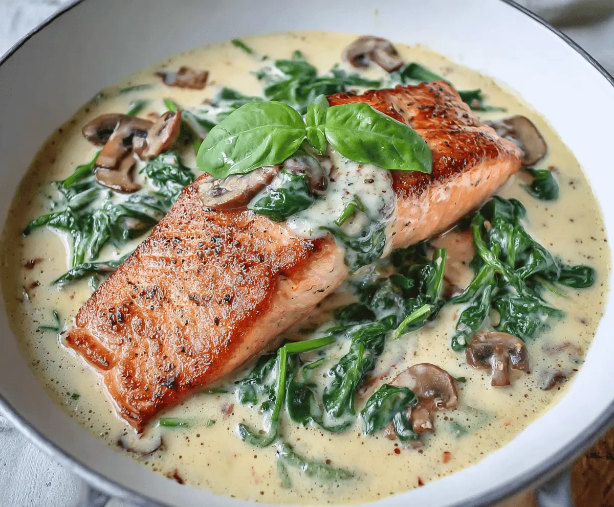 Salmon Florentine with Garlic Cream Sauce served on a plate, garnished with fresh herbs and spinach for a delicious, flavorful seafood dish