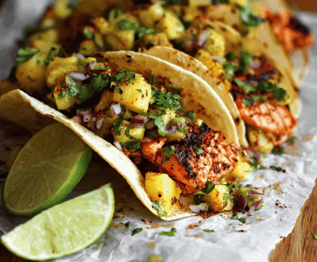 Delicious salmon tacos topped with fresh pineapple avocado salsa on a plate, featuring vibrant colors and garnished with lime and cilantro.