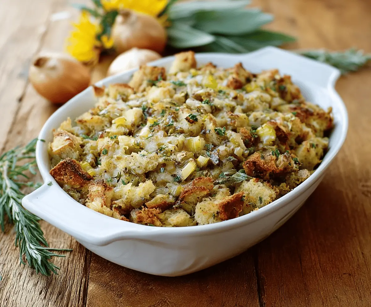Golden-brown savory herb stuffing with fresh herbs and crispy edges, perfect for holiday dinners