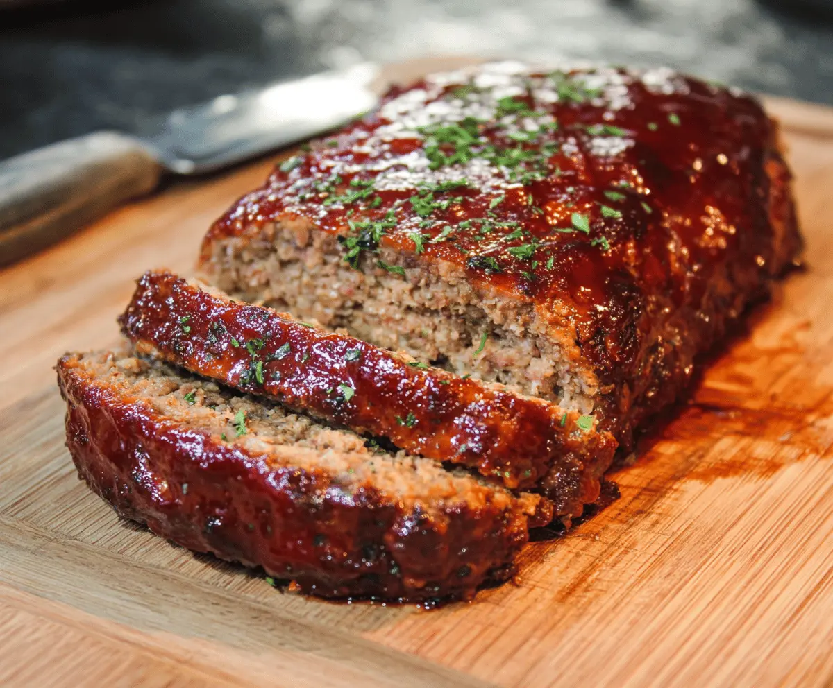 Delicious smoked meatloaf garnished with fresh herbs on a rustic platter.