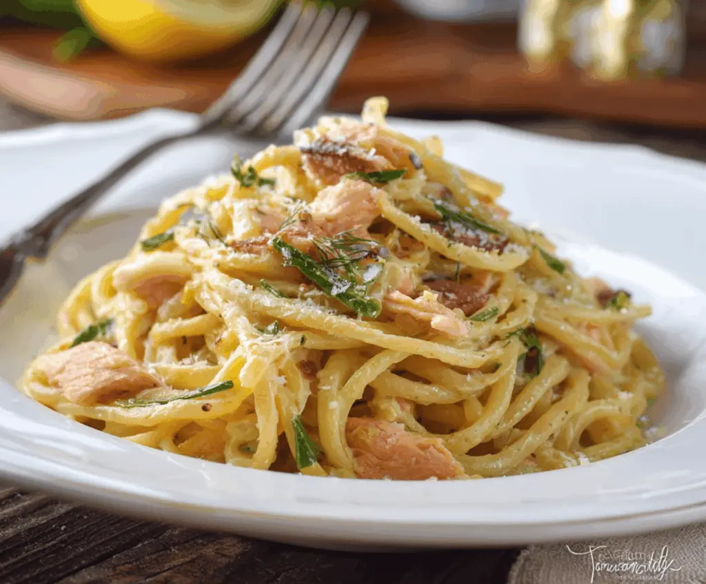Creamy smoked salmon carbonara pasta topped with fresh herbs and grated cheese, served on a white plate.