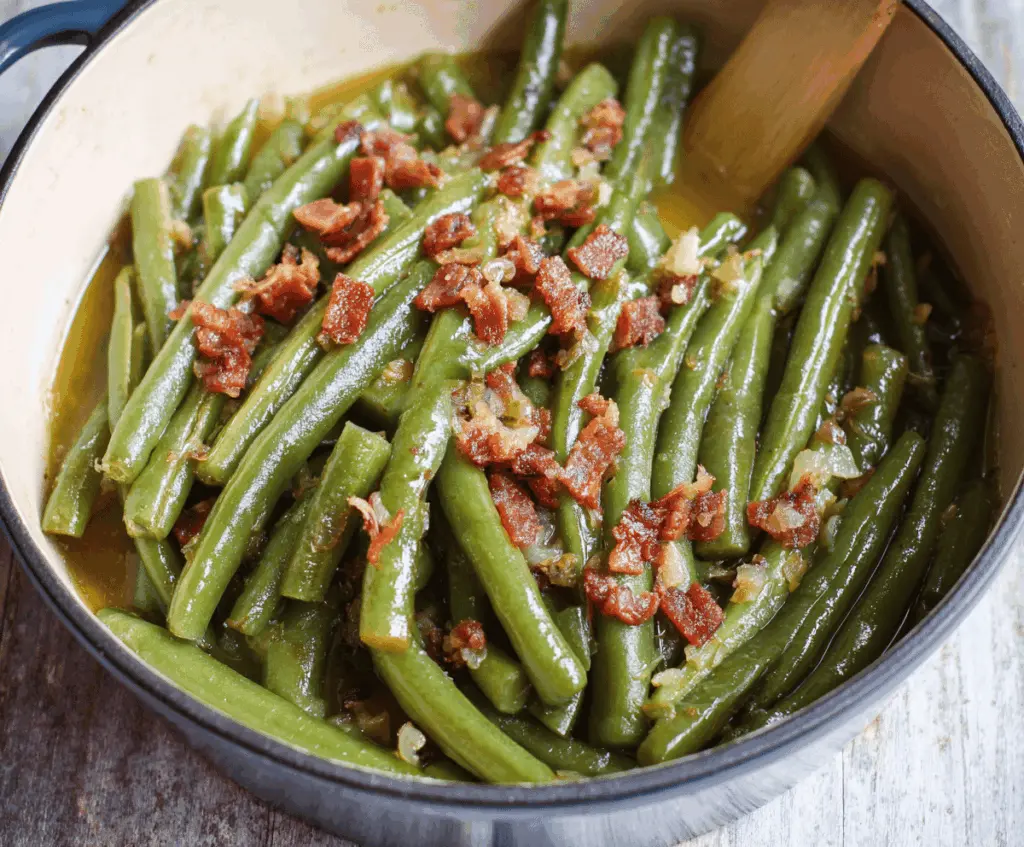 Delicious Southern Style Green Beans cooked with smoky bacon and seasonings, served as a flavorful side dish