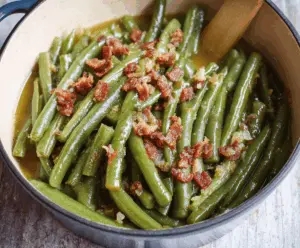 Delicious Southern Style Green Beans cooked with smoky bacon and seasonings, served as a flavorful side dish