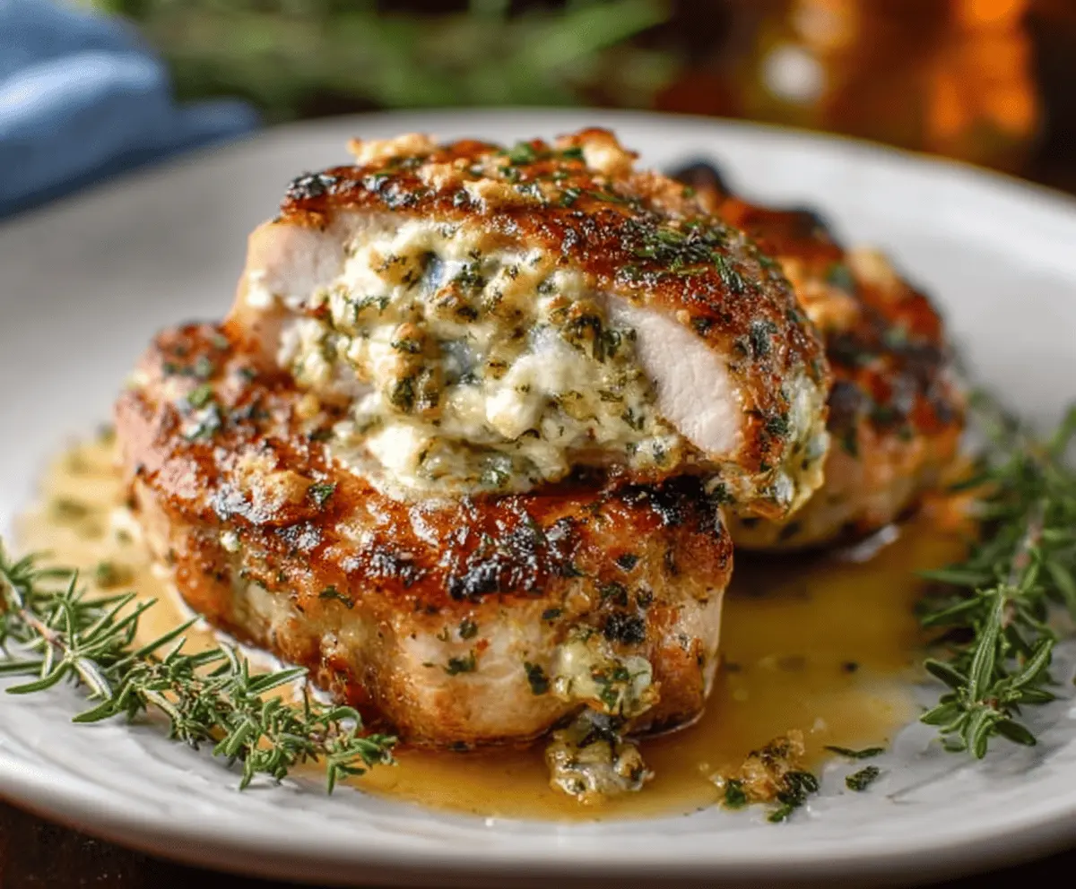 Juicy stuffed pork chops filled with cheese and herbs, cooked to perfection on a wooden platter