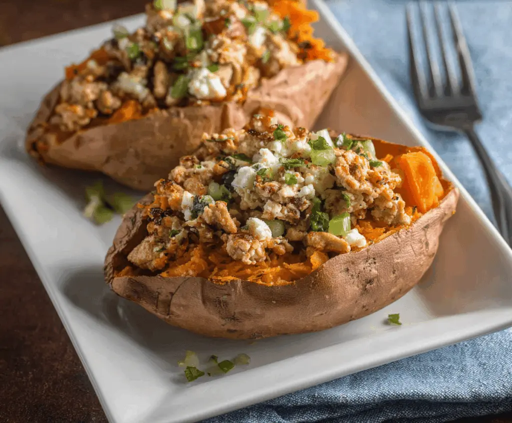 Delicious stuffed sweet potatoes filled with seasoned turkey, topped with fresh herbs and melted cheese, served on a plate